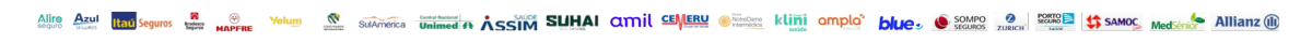 principais Seguradoras do Brasil: Amil, Bradesco, Sul América, Unimede, Atiro, Leve, Cemeru, Ampla, Blue. Suhai, Azul, MapFre, Yelum