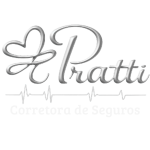 Logo da Empresa Pratti Corretora de Seguros, Tem um coração em laço e o nome da empresa Pratti corretora na cor prata